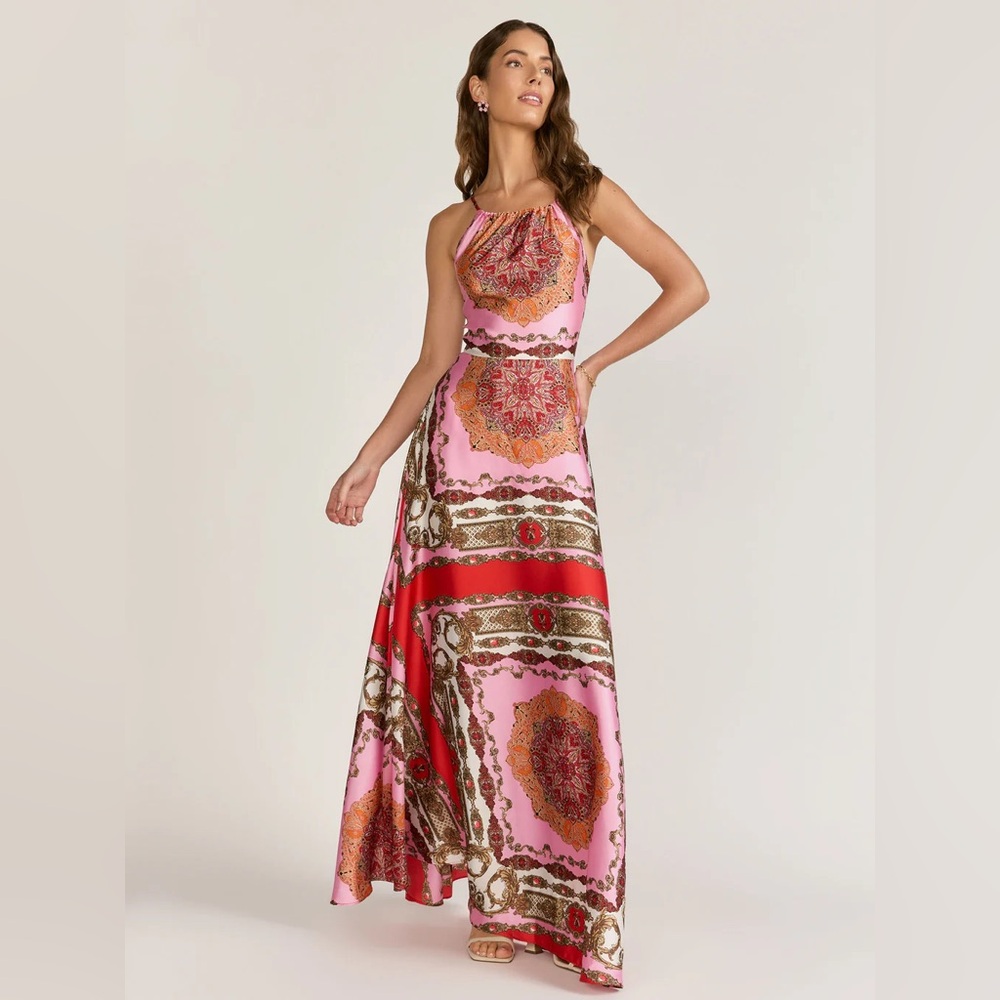 Aakaa Pink and Red Patterned Maxi Dress NWOT